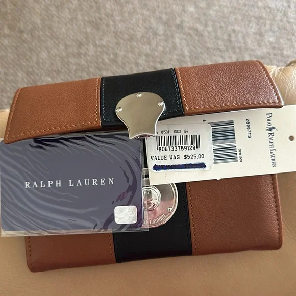 NWT Ralph Lauren Ricky Purple Label Leather Wallet Iconic Brown and Navy Color